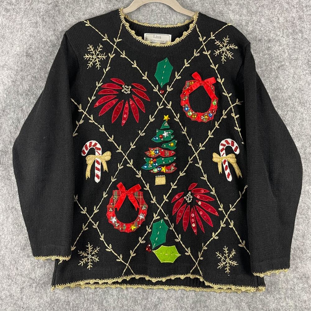 Vintage Ugly Christmas Sweater Womens Medium Embroidered Beaded Sequin Wreath